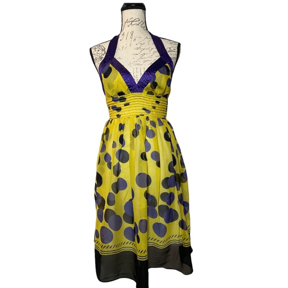 Cute Katia Polka Dots Satin Trim Halter Dress Size M Purple Yellow